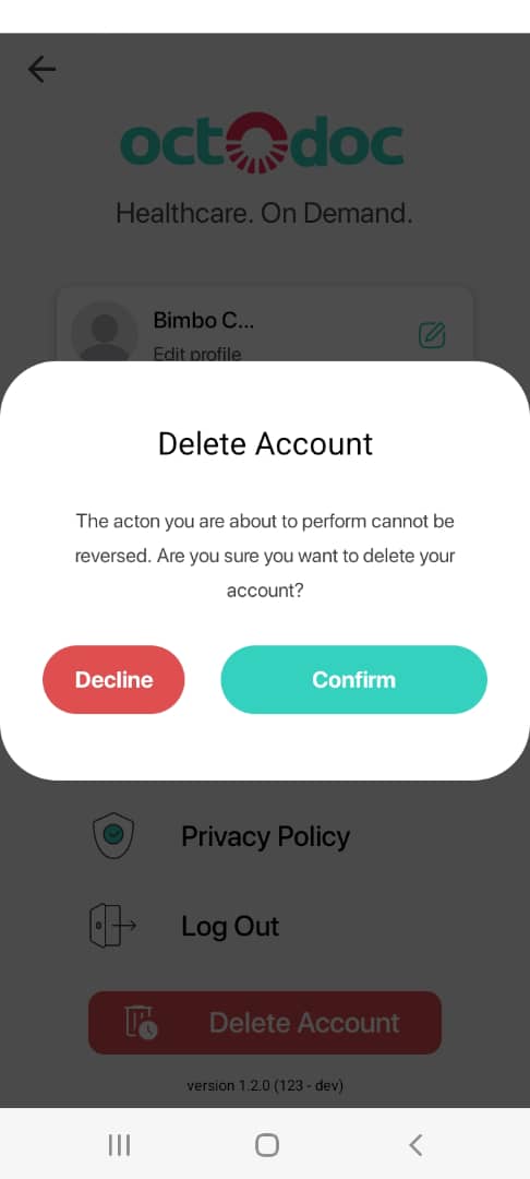 screenshot of the octodoc app account deletion confirmation screen