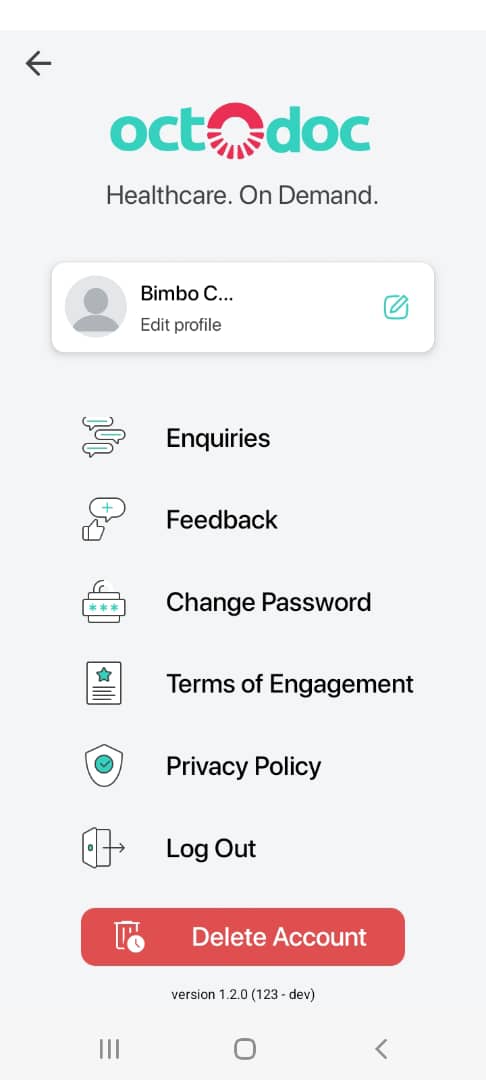 screenshot of the octodoc app account settings screen